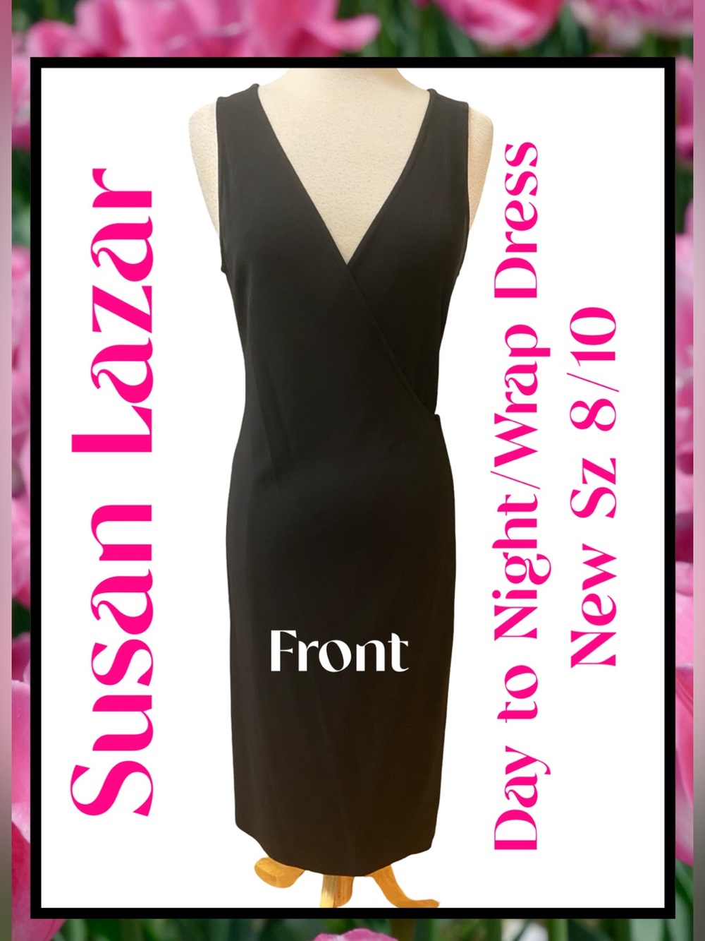 SUSAN LAZAR Black Crepe Wrap Midi Dress NEW Sz 8/10 Versatile “ Day to Night “